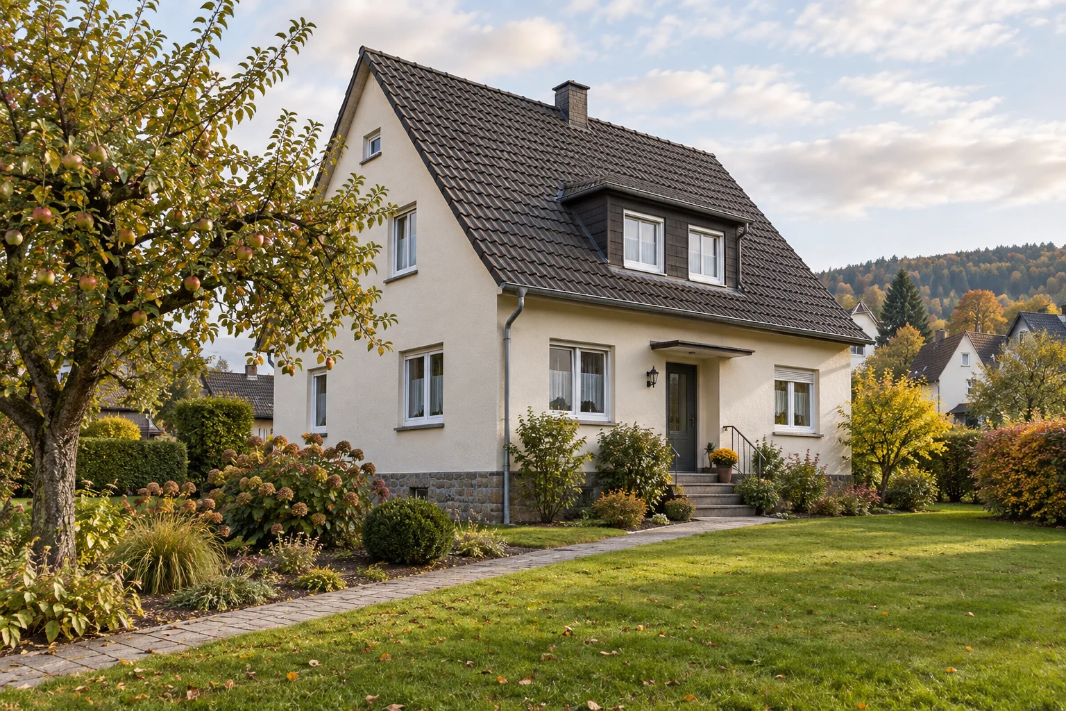 Älteres gepflegtes Einfamilienhaus mit hellem Putz, dunklem Satteldach und Gartenweg zur Haustür.